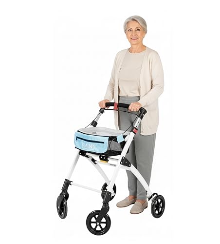 KMINA Narrow Walker for Small Spaces, Foldable Walker with Tray and Basket, 4 Wheels and Brakes, Lightweight Indoor Rollator for Seniors, Blue, PRO Model - Thumbnail 7