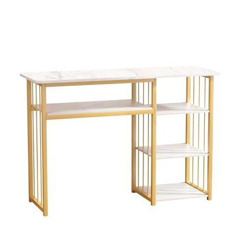 Reheyre Escritorio de uñas, mesa de manicura con textura de mármol, escritorio de manicura con estantes abiertos, mesa multiusos para el hogar, salón de belleza, spa, estación de trabajo, color blanco