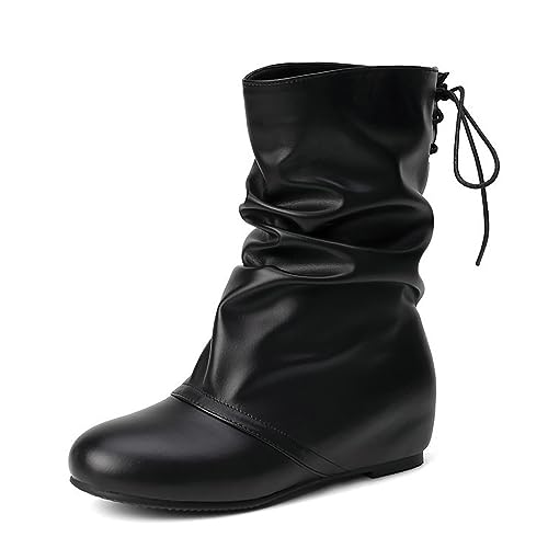 Women's Pleated Lace Up Flat Mid Calf Boots,Fashion Soft Leather Low Hidden Wedge Boots Comfort Slip On Non-slip Classic Riding Booties Casual Fall Winter Walking Travel Shoes