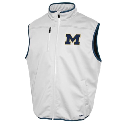 NCAA Michigan Wolverines Adult Mens College White Mock Neck Softshell Full Zip Sleeveless Vest Jacket