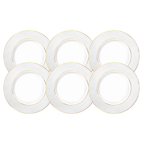 Wilmax - Lot de 6 assiettes à dessert - En porcelaine blanche - Avec motif doré - Diamètre : 25,5 cm - Passe au lave-vaisselle