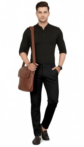 Image of Mehrang Men's Slim Fit Casual Mid Rise Trousers, Cotton Blend, Side Pockets || Classic Slim Fit Chino Pants || Business Casual Dress Trousers