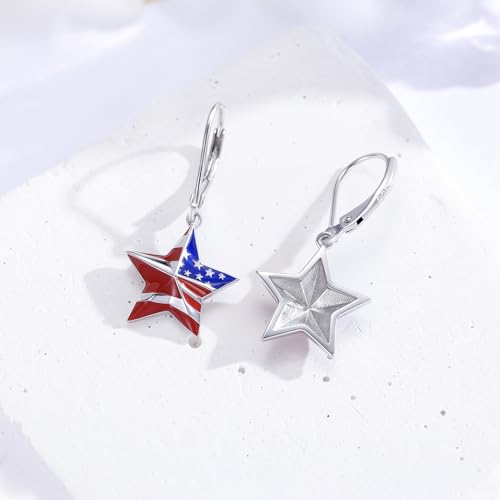 American Flag Earrings for Women 925 Sterling Silver Red White and Blue Star Dangle Drop Leverback Earrings 4th of July Jewelry Patriotic Memorial Day Gifts3