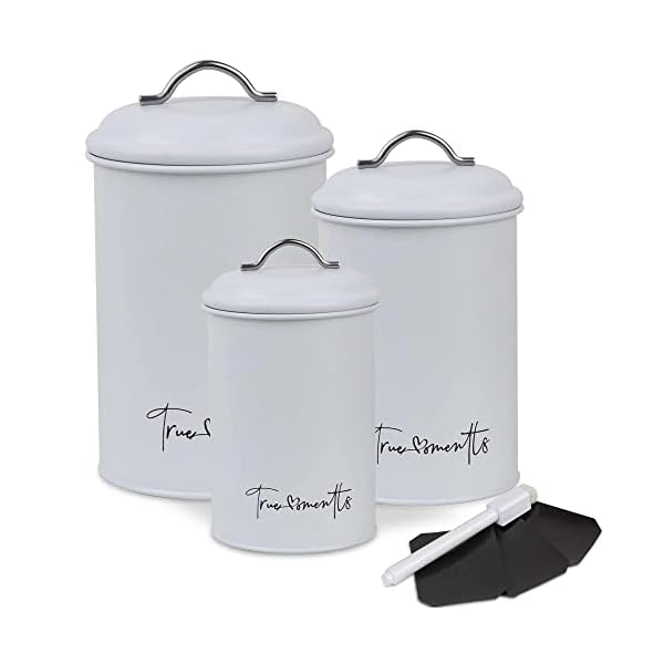 Nesting Kitchen Canisters, Set of 3 for Countertop Storage, Airtight White Farmhouse Canister Jars with Removable Magnetic Chalkboard Labels and Marker, Decor for the Kitchen, Container for Coffee Tea Sugar Flour (White, Black)