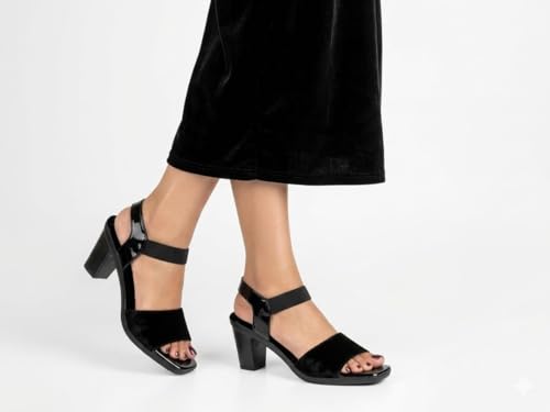 Image of Women's Black Block Heel Sandals, Open Toe with Ankle Strap, Suede and Patent Finish GW S10