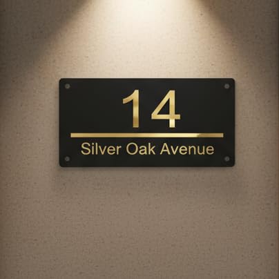 Image of Modern Acrylic House Number Plate (30x15 cm) - Black Door Name Plate with Gold Letters, Premium Home Entrance Name Board