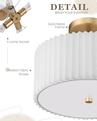 Image of Gold Semi Flush Mount Ceiling Lights, 4-Light 18 inch Ceiling Light Fixture with White Pleated Fabric Shade, Drum Lamp for Nursery Hallway Bedroom Kitchen, AD-25036-4SF-GD