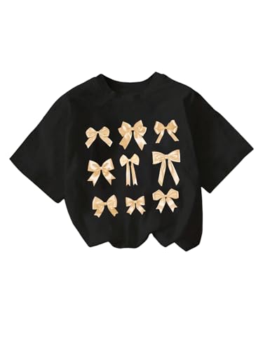 Image of OYOANGLE Girl's Bow Print T Shirt Crew Neck Short Sleeve Drop Shoulder Loose Casual Tee Tops
