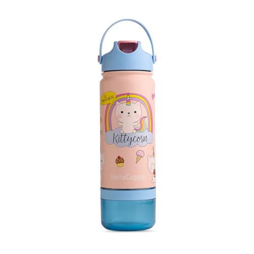 InstaCuppa Kids Insulated Stainless Steel Water Bottle with Straw Lid & Detachable Snack Box, Leakproof, Wide Mouth, BPA-Free - Perfect for School and Travel, Kitty Print, 500 ML + 60 Grams Snack Box