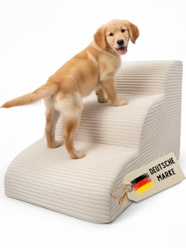 Hundetreppe Cord beige Hunderampe aus Schaumstoff - Katzentreppe - Tiertreppe - Haustiertreppe - Hundetreppe Bett - 3 Stufen Hunderampe