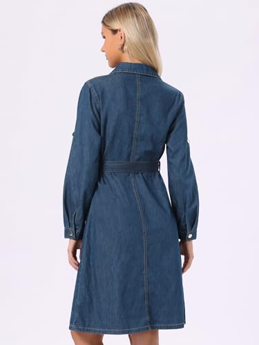 Image of Allegra K Denim Dress for Women's Long Sleeve Button Down A-Line Belted Classic Jean Dresses