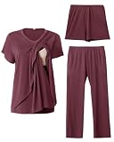 Rnxrbb V Neck Nursing Pajamas Set 3 Pack Postpartum Pjs Breastfeeding Sleepwear for Women Double Layer with Pockets,Deep Purple-L