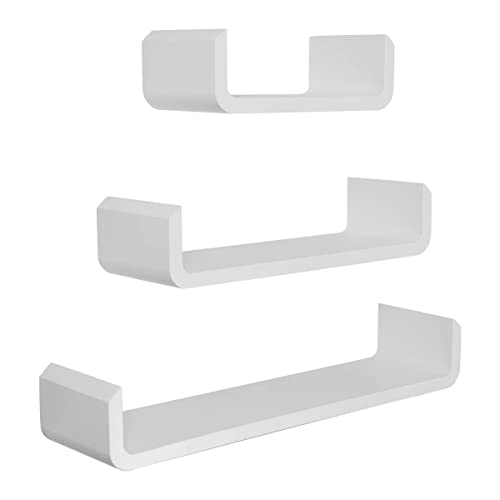 Meerveil Etagere Murale Lot de 3 Etagères Murales Blanche Murale Tablettes Flottantes Étagères de Rangement Forme de U, 30/45/60cm, Charge 15kg, pour Salle de Bain Chambre Salon Cuisine, Blanc