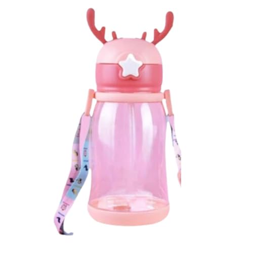 Garrafa de Água Infantil Portátil com Canudo e Alça, Design de Alce, 550ml, Conjunto de 2 Peças, Cor