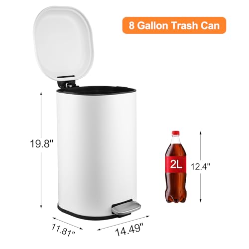 Garvee 8 gal/30 L Trash Can for Kitchen, Fingerprint Proof Stainless Steel Garbage Can with Soft-Close Lid, Rectangular Step Recycle Waste Bin for Laundry Room, Office, Bedroom, Bathroom, White by Garvee - Used condition - Image 6