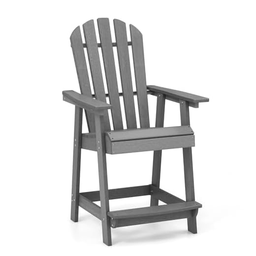 COSTWAY Hoher Adirondack Stuhl mit Fußstütze, wetterfester Barhocker aus HDPE, Balkonstuhl mit Armlehne, Outdoor Adirondack Chair für Garten, Terrasse (Grau)
