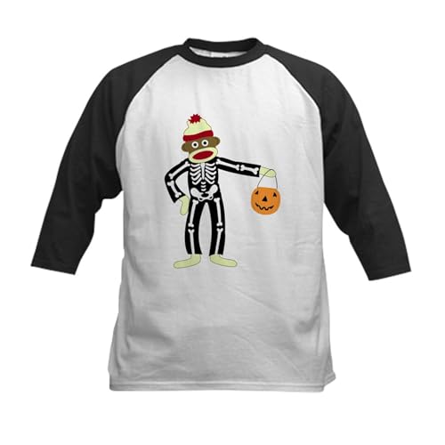 CafePress Sock Monkey Halloween Skeleton Kids Jersey Shirt Kids Cotton Baseball Jersey, 3/4 Raglan Sleeve Shirt Black/White