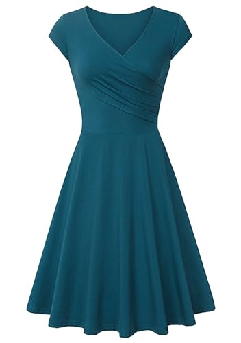 Yming Damen Retro Ballett Tanzkleid Audrey Elegantes einfarbiges Kleid V-Ausschnitt Kleid Knielanges Kleid Türkis XXL