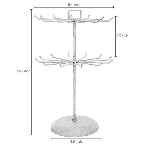 Mygift Rotating 2 Tier Jewelry Organizer, Vintage White Metal Spinning Jewelry Display Stand Necklace And Bracelet Holder With 24 Hooks And Top Handle Card Holder #TOP5