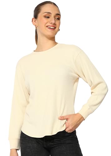 Image of Alan Jones Clothing Women's 100%Cotton Relaxed Fit Waffle Crew Neck Long Sleeve T-Shirt