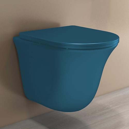 Image of Plantex Ceramic Wall Hung Toilet /Rimless Western Commode for Bathroom /Commode with Soft Closing Toilet Seat - P Trap (Matt Blue)