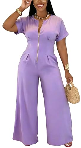 One Piece Jumpsuits for Women Short Sleeve Tops Wide Leg Pants Sets Elegant Jumpsuits Club Outfits Sexy Clubwear Purple M
