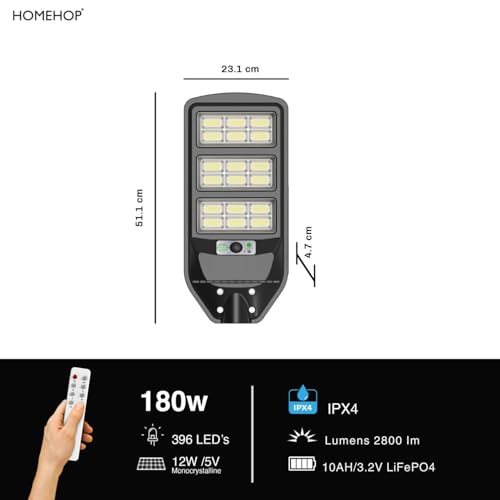 Image of Homehop Solar Light Outdoor Home Garden 180W Street LED Lamp Waterproof | Solar Street Light Outdoor Wall Automatic Motion Sensor Wireless for Yard, Patio, Road with Pole (10000mAh, Cool White, ABS)