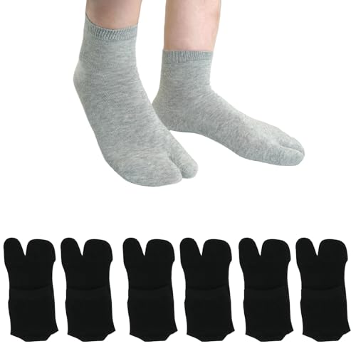 Image of Tabi Socks Athletic Cotton Crew Length Quarter Ankle Two Toe for Women and Men, 6 Pk Black White Gray