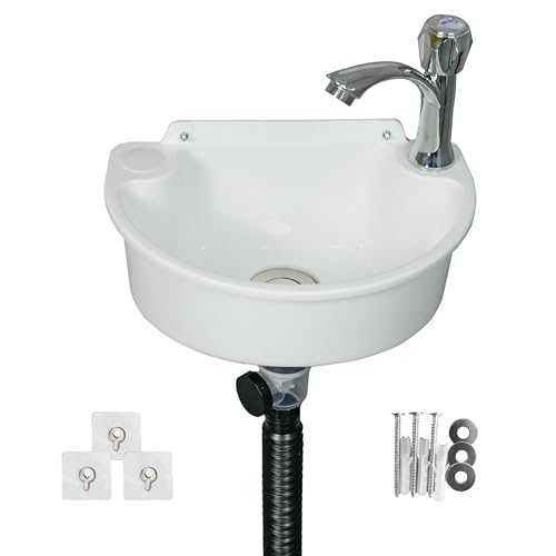 Small Bathroom Sink Wall Mount Bathroom Sink Wash basin, No-Drill Installation Self-Adhesive Sink 11.8 x 8.2 Inch with 1.26 Inch Faucet Hole, Rv Sink Mini Plastic for Home, Dorm, Garage