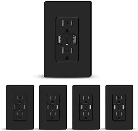 TOPELER 4Pack USB Charger Wall Outlet, Dual High Speed 4.8A USB-A Port, 15 Amp Duplex Tamper Resistant Receptacle Plug, UL & FCC Listed, Screwless Wall Plate Included, Black