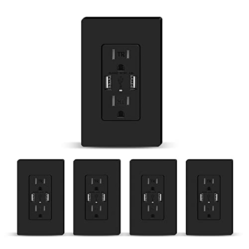 Topeler 4Pack Usb Charger Wall Outlet, Dual High Speed 4.8A Usb-A Port, 15 Amp Duplex Tamper Resistant Receptacle Plug, Ul & Fcc Listed, Screwless Wall Plate Included, Black #TOP2