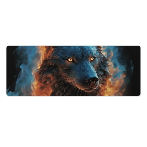 Tapis de souris XXL tête de loup en flammes bleues imperméable pour bureau