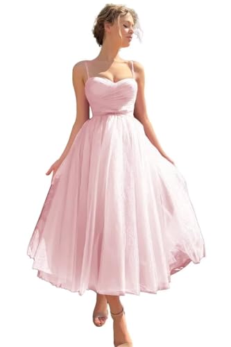 Image of A line Ruched Tulle Prom Dress Spaghetti Straps for Women, Tea Length Sweetheart Homecoming Dress Cocktail Dress
