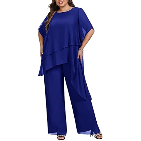 Zongqiven Women's 2 Pcs Plus Size Mother of The Bride Pant Suits Chiffon Asymmetric Flowy Tunic & Pant Outfit Set Navy Blue Cover