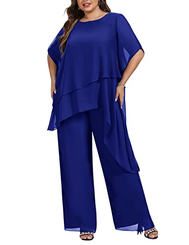 Zongqiven Women's 2 Pcs Plus Size Mother of The Bride Pant Suits Chiffon Asymmetric Flowy Tunic & Pant Outfit Set