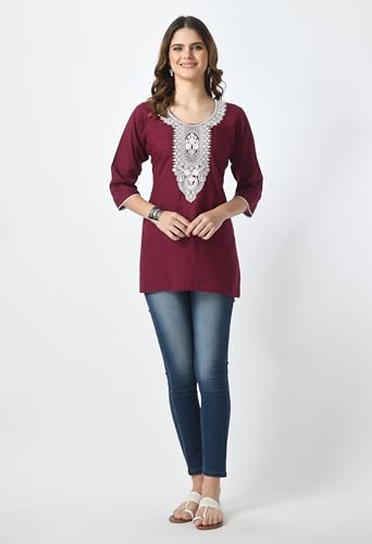 Image of LIBOZA Short Kurti for Women - Lakhnowi Chikankari Embroidered Ladies Kurta, Stylish Girls Top, Ethnic Half Kurtas, Tunic Design Woman Kurtis