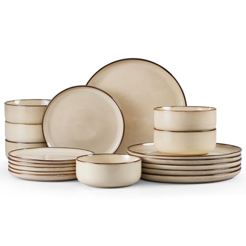 Homikit 18 Piece Dinner Set, Kitchen Stoneware Dinnerware Sets for 6 People, Included 6X Dinner Plates, 6X Side Plates and 6X Bowls, Non-Scratch, Dishwasher & Microwave Safe, Desert Khaki