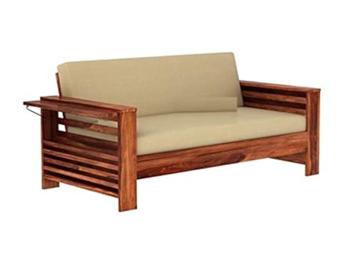 Image of Sheesham Wood 2 Seater Sofa with Side Pocket for Living Room Home || Solid Wood 2-Person Sofas Without Small Cushion Furniture for Guest Room Office (Natural Teak Finish)
