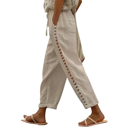 Puimentiua Sommerhose Damen Leicht,Sommer Leinenhose,7/8 Weiße Hose,Luftig Sommerhosen,Lockere Ausgehöhlt Hosen mit Tunnelzug und Taschen,High Waist Linen Pants,Elegant Stoffhose (Khaki,L)