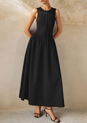 Image of PRETTYGARDEN Maxi Dresses for Women 2026 Summer Casual Sleeveless Patchwork Flowy Vacation Sundress Knit Long Work Tank Dress