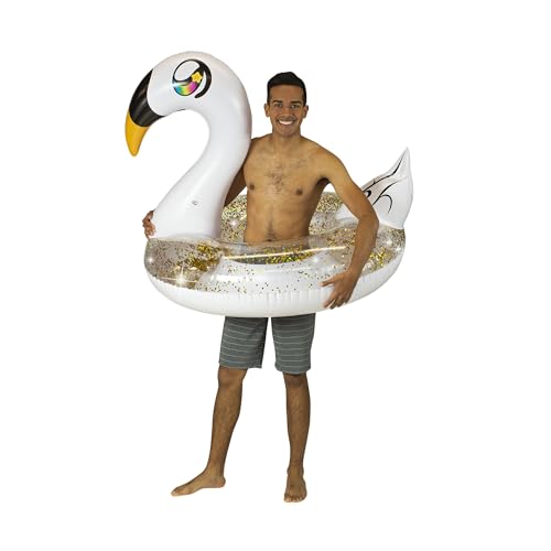 PoolCandy Inflatable Animal Pool Tubes & Swim Rings (Swan White Gold Glitter Filled 48" inch Animal Pool Tube Swim Ring)