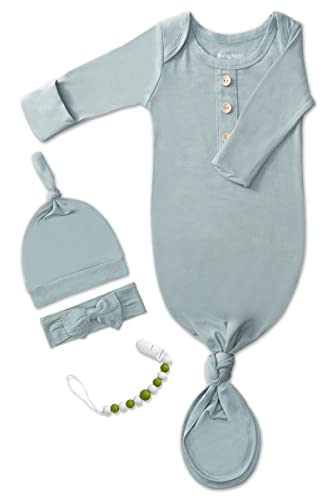 Image of Newborn Baby Knotted Gown, Super Soft Silky Infant Sleeper, Baby Girl Sleep Gown with Mittens, Bow, Clip and Hat Set