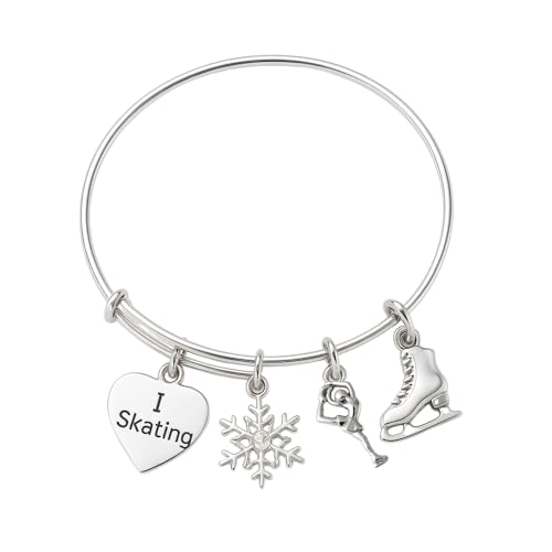Silver Stainless Steel Ice Skating Charm Bracelet – Adjustable Chain with I Love Skating, Snowflake, Figure Skater & Skate Charms – Gift for Ice Skaters & Coaches (Bangle)