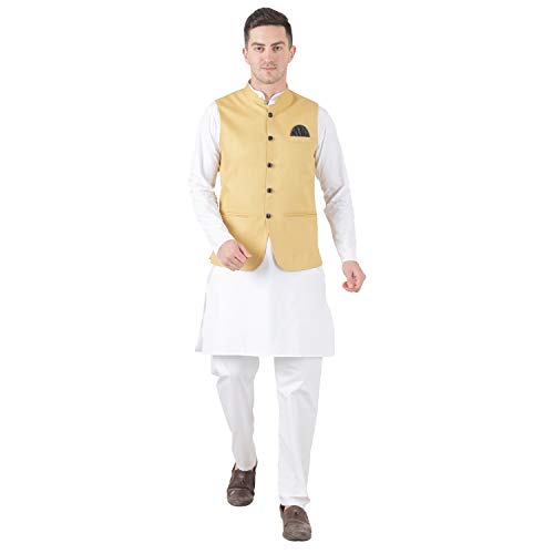 Image of TAHVO Men's Nehru Jacket /Waistcoat /Modi Jacket Cotton Fabric /Men 's 5 Button Nehru Jacket with Hanky Kurta Set