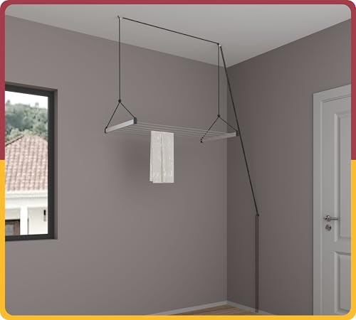 Image of Amiraj Ceiling Mounted Clothes Drying Stand | Heavy Duty Stainless Steel Ceiling Cloth Dryer | UV Protected Nylon Rope | 6 Pipes, 4 Feet | Space Saving Laundry Rack for Balcony & Indoor