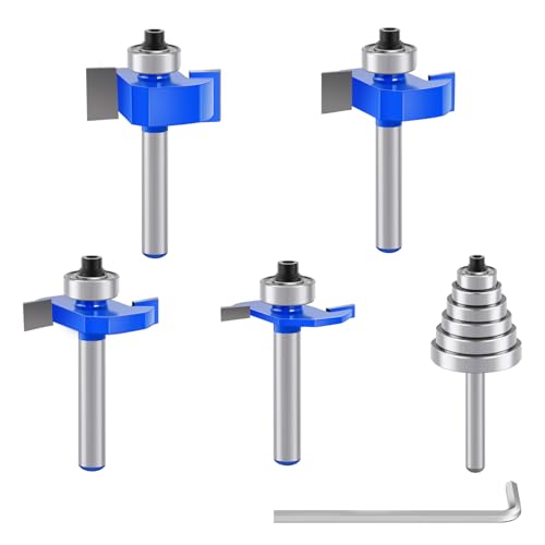 Mikniri 4 Pcs Rabbeting Router Bits Set 1/4 Inch Shank Carbide Tipped Rabbet Router Bit with 6 Bearings Set Router Accessories Interchangeable Adjustable Multi Depths Cutter for Cutting Rabbet Slots