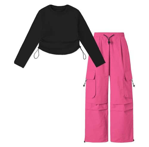 Image of Betusline Girl's 2 Piece Outfits, Cute Girls Fall Clothing Sets Cargo Pants + T-Shirt Top, 4T-14 Years