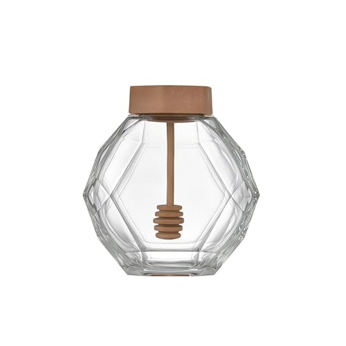 UPSTORE Tarro de vidrio transparente hermético para miel, de 355 ml, dispensador de miel con forma hexagonal, recipiente con cucharón de madera y tapa para cocina en el hogar