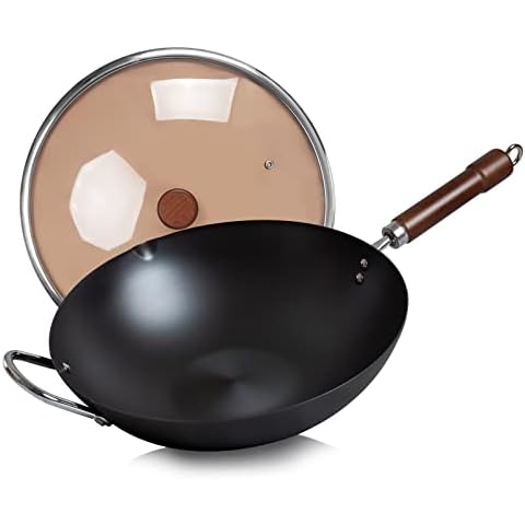 WANGYUANJI Carbon Steel Wok Pan, 13.4" Woks & Stir-Fry Pans with Glass Lid No Chemical Coated Flat Bottom Iron Wok for Induction, Electric, Gas, Halogen All Stoves Cover