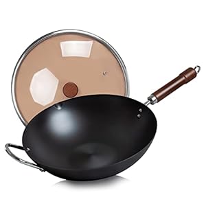 WANGYUANJI Carbon Steel Wok Pan,12.59″ Woks and Stir Fry Pans with Glass Lid,Chinese Wok Flat bottom Iron wok for Induction, Electric, Gas, Halogen All Stoves-Practical Gift